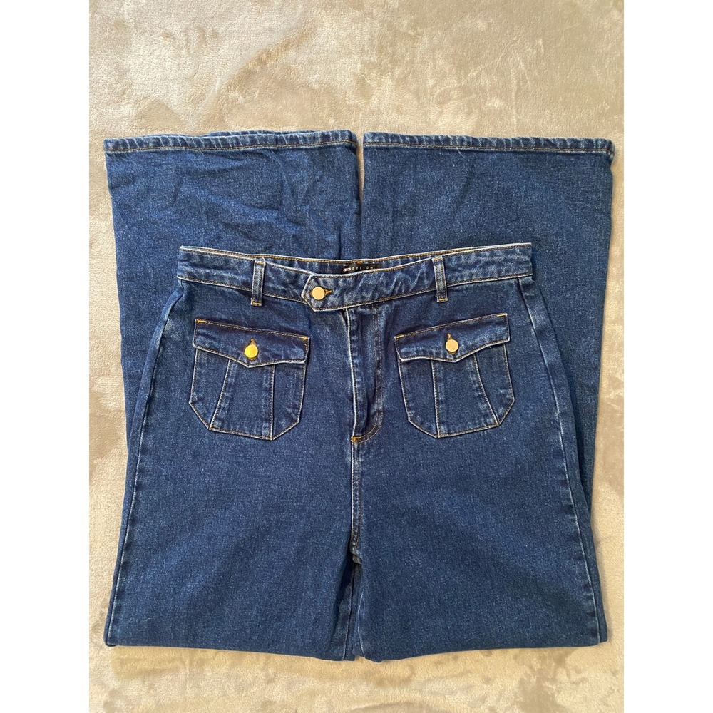 ASOS DESIGN Jeans Sz 10 Blue Wide Leg High Rise Front Flap Pocket Dark Wash